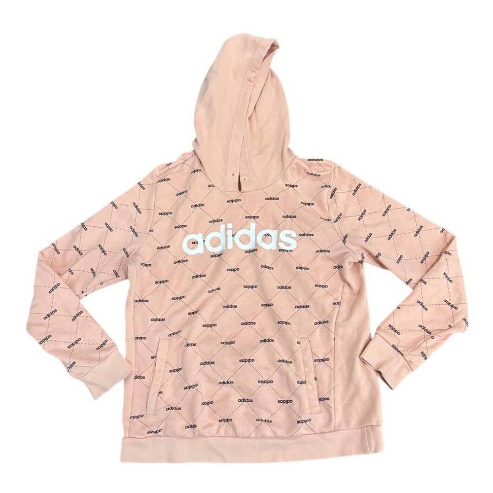 Adidas Hoodie Womens Large Peach Salmon Logo Allover Print Pullover Sweatshirt